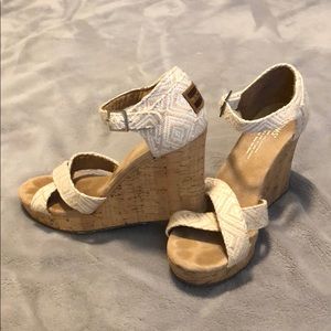 TOMS Cross Strap Wedge Heels - Cream Print Straps